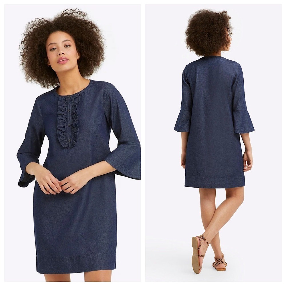 Draper James Chambray Ruffle Bib Dress Womens Sz 16 Blue Denim Bell Sleeve